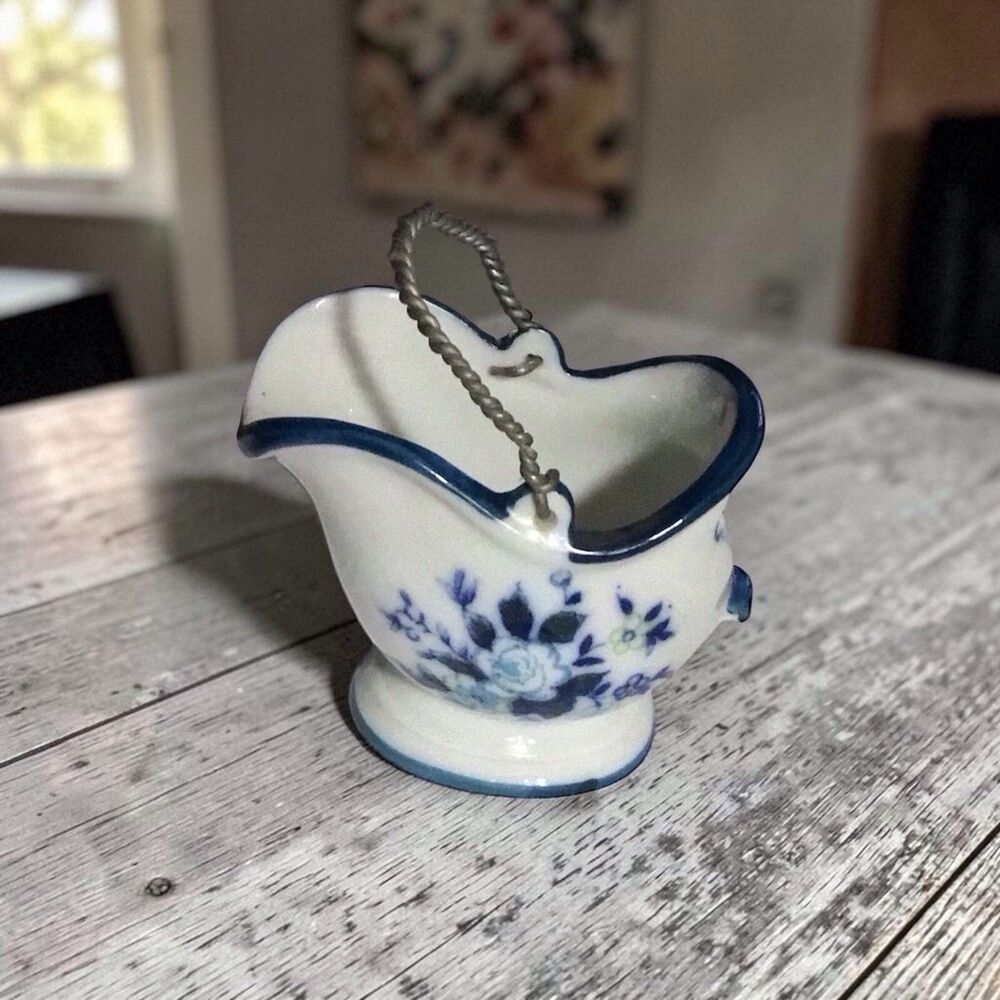 Vintage Blue Porcelain Coal Bucket/ Toothpick Holder,w/ Blue Floral